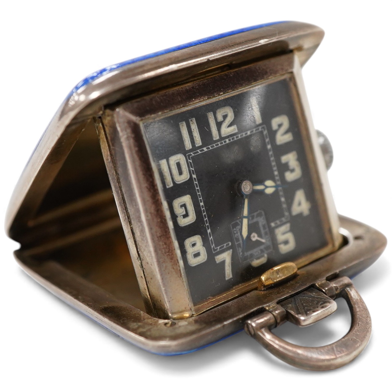 A George V silver and blue guilloche enamel travelling folding timepiece, maker SSM, Birmingham, 1931, with Arabic dial and subsidiary seconds, case diameter 37mm, enamel a.f.